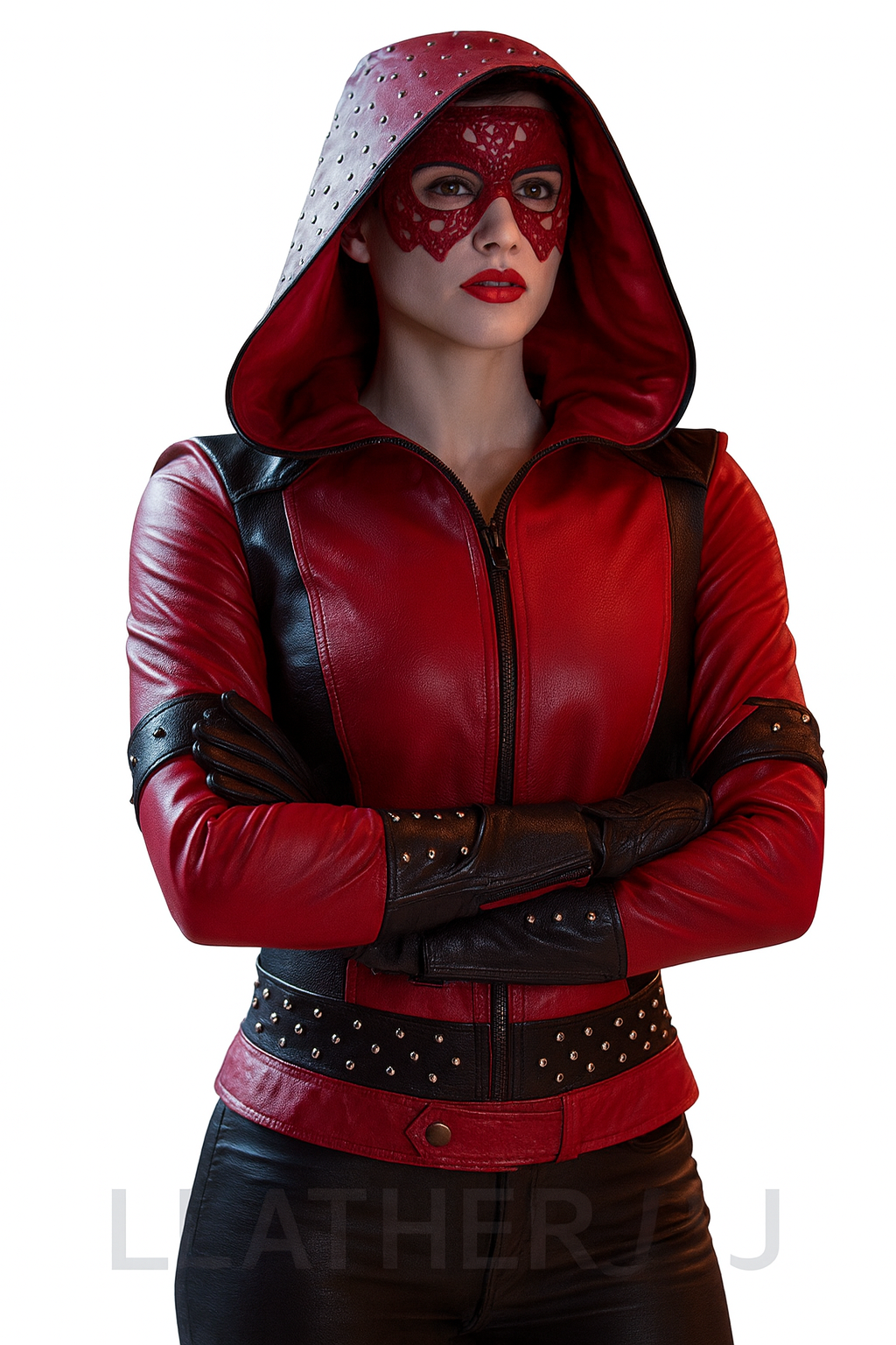 Women’s Crimson Red & Black Real Leather Hooded Jacket – Superhero Cosplay Style with Studded Design
