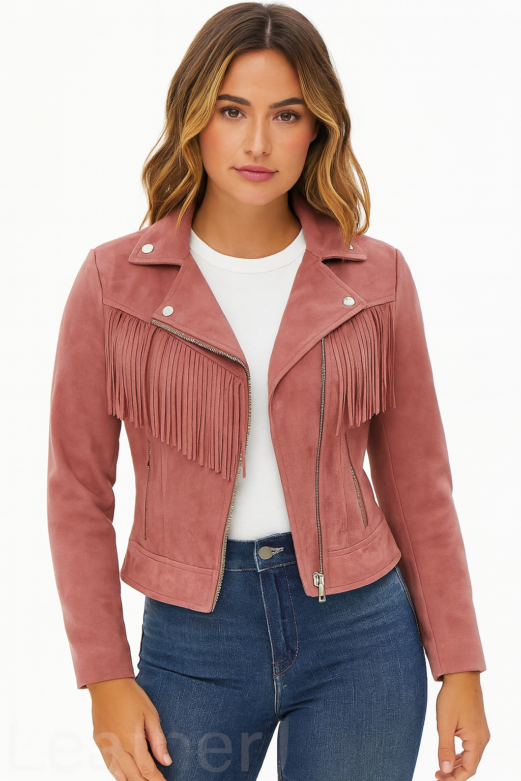Women's Dusty Rose Suede Fringe Leather Jacket – Western Style Moto Fit