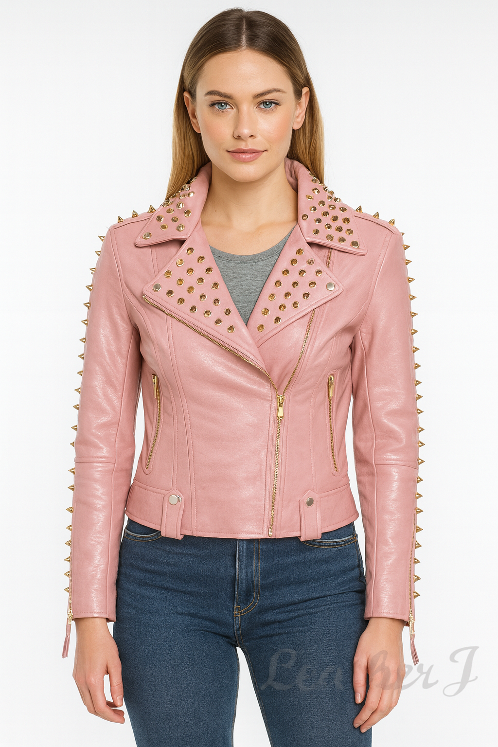 Women's Pink Real Leather Studded Biker Jacket – Gold Spike Moto Style