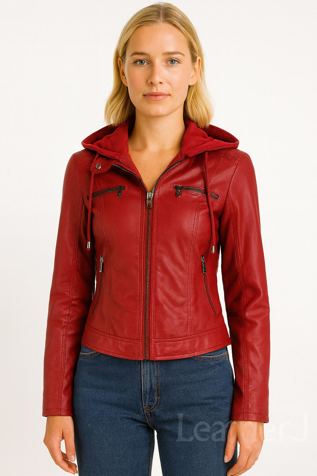 Women’s Real Leather Red Moto Jacket with Detachable Hood – Slim Fit Biker Style
