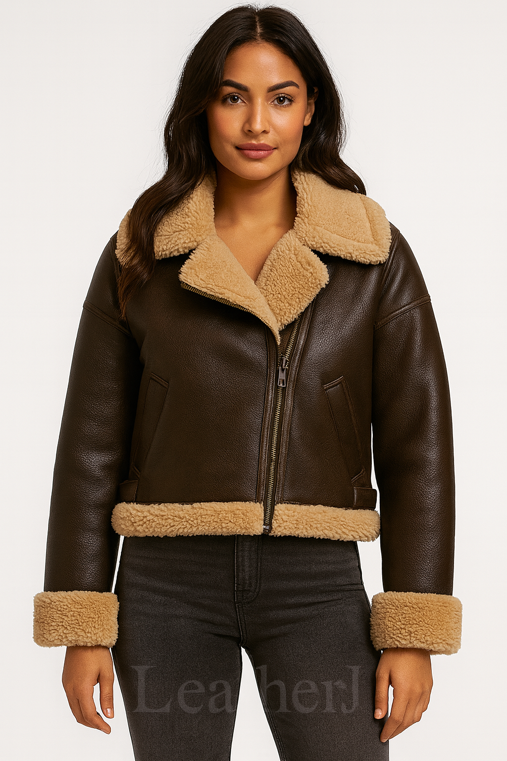 Women’s Real Leather Shearling Jacket – Dark Brown Cropped Aviator Style with Beige Fur Lining