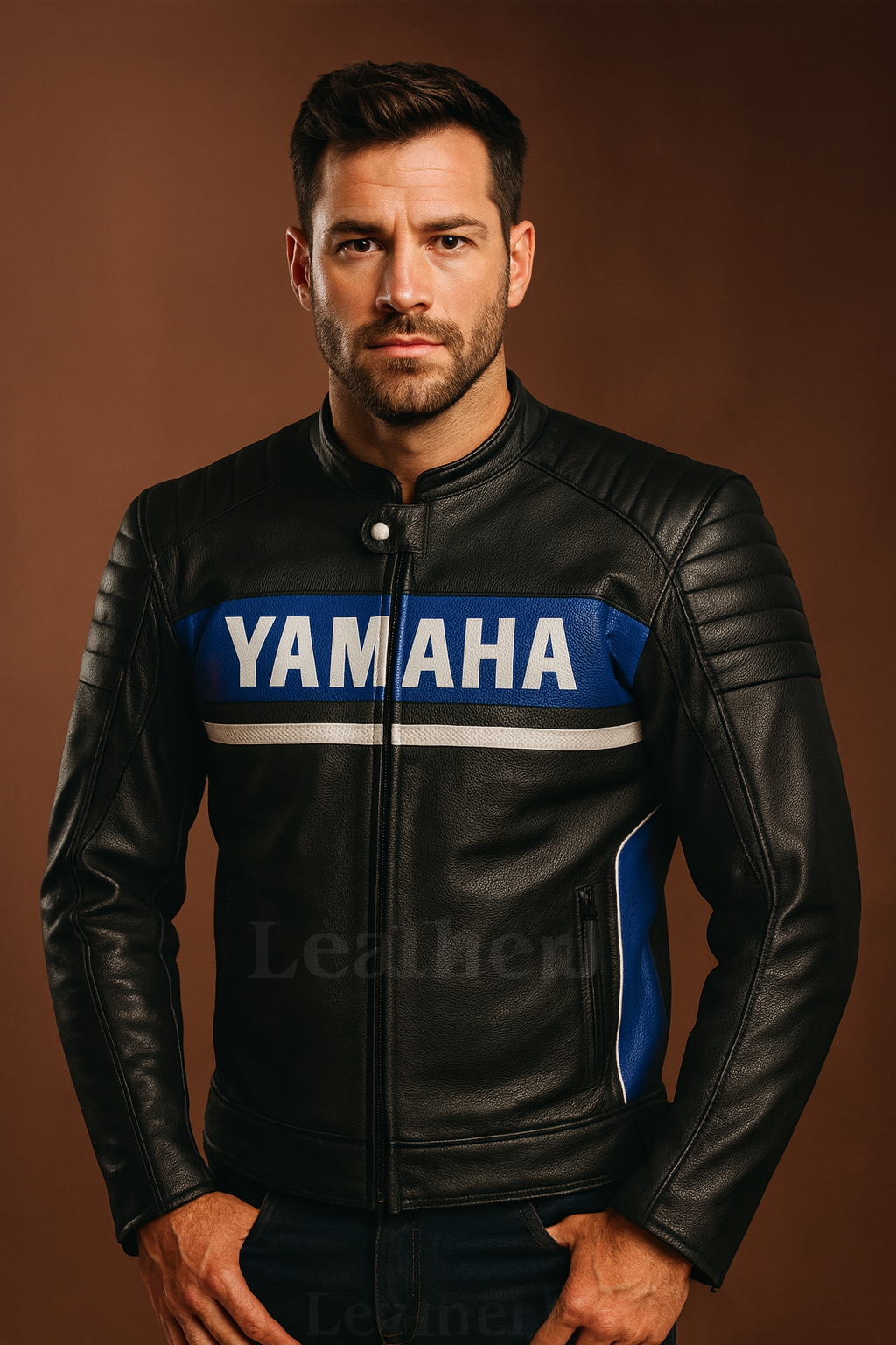 Yamaha Leather Motorcycle Jacket – Black & Blue Racing Biker Jacket for Men