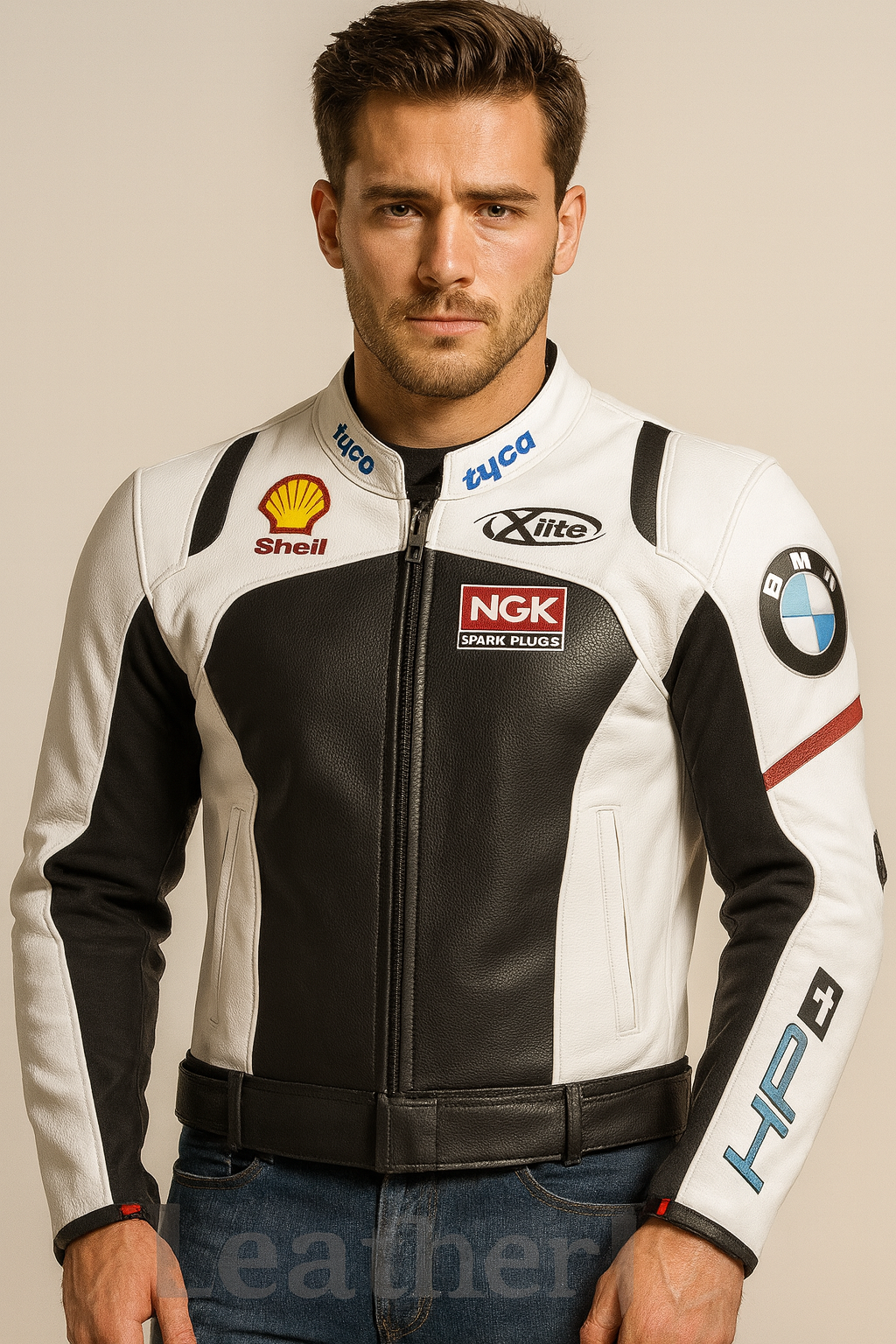 BMW Racing Leather Jacket – Black, White & Red  Men’s Premium Motorcycle Gear