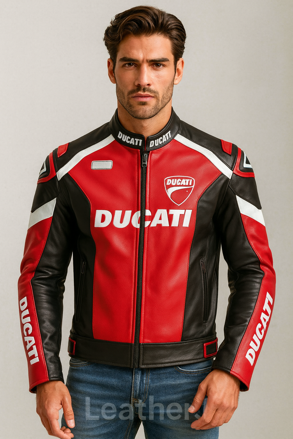 Ducati Racing Leather Jacket – Red, Black & White | Men’s Premium Motorcycle Gear