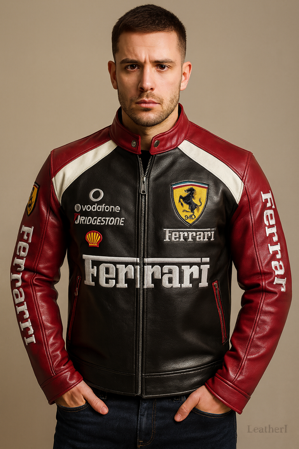 Ferrari Racing Leather Jacket – Black, Red & White  Men’s Premium Motorsport Outerwear