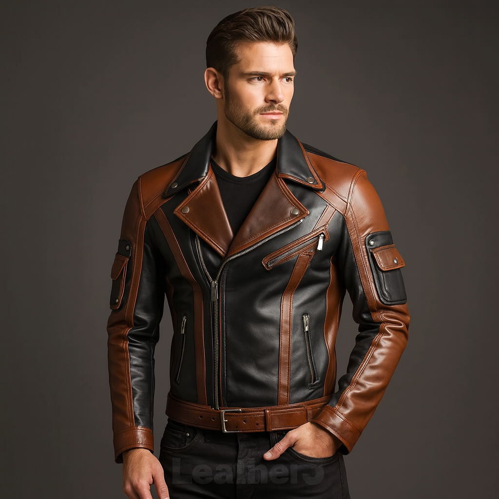 Men’s Black & Brown Real Leather Biker Jacket – Multi-Pocket Moto Style with Belt