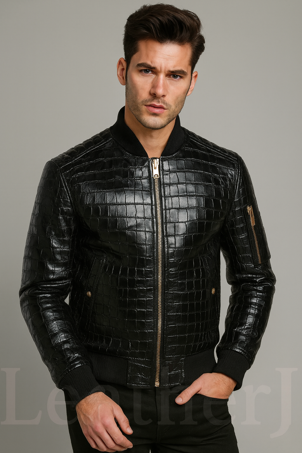 Men’s Black Crocodile Embossed Genuine Leather Bomber Jacket – Luxury Designer Style