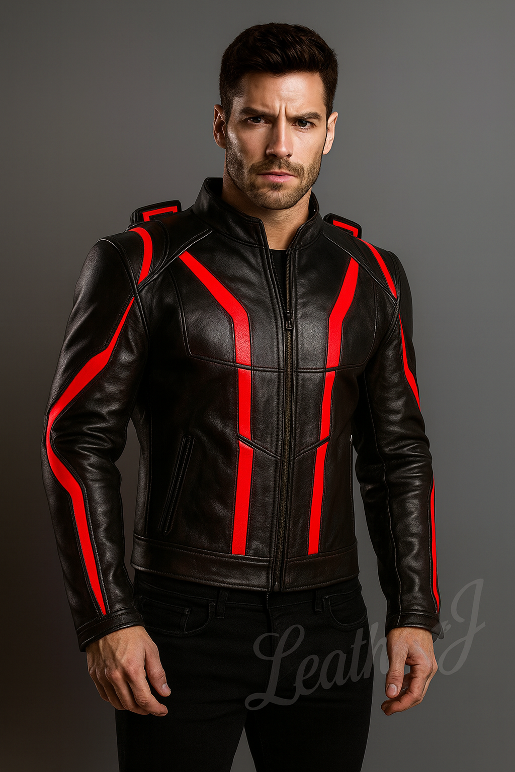 Men’s Black Real Leather Futuristic Biker Jacket with Red Stripes – Motorcycle & Cosplay Style