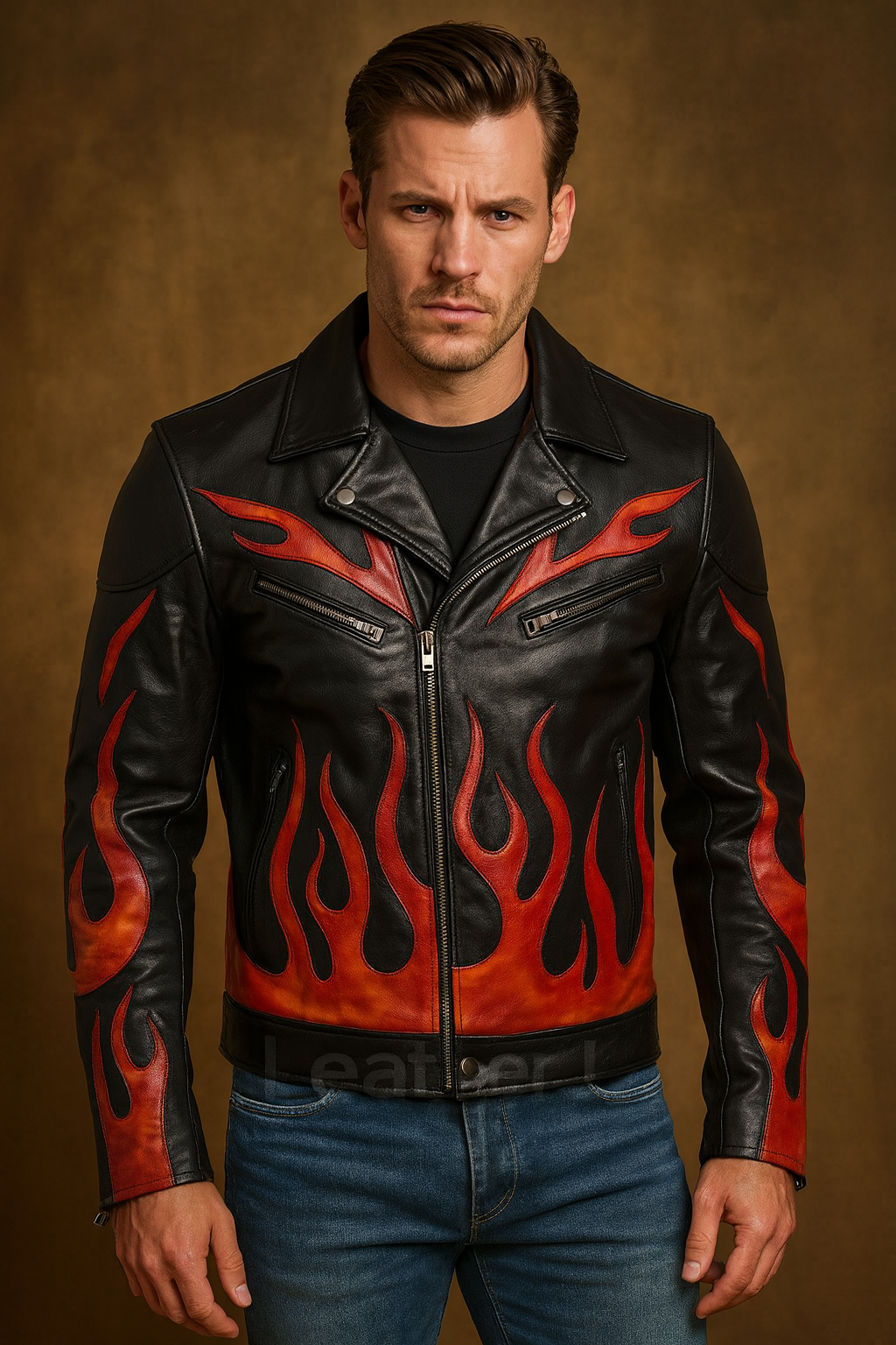Men’s Black Leather Flame Biker Jacket – Red & Orange Fire Design Motorcycle Style