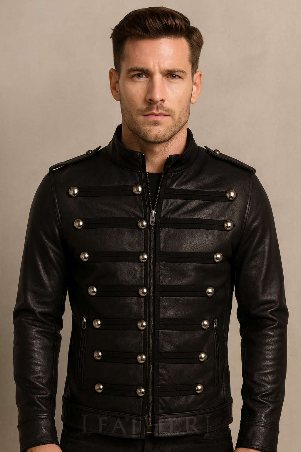 Men’s Black Military Style Real Leather Jacket – Vintage Band Inspired Outerwear