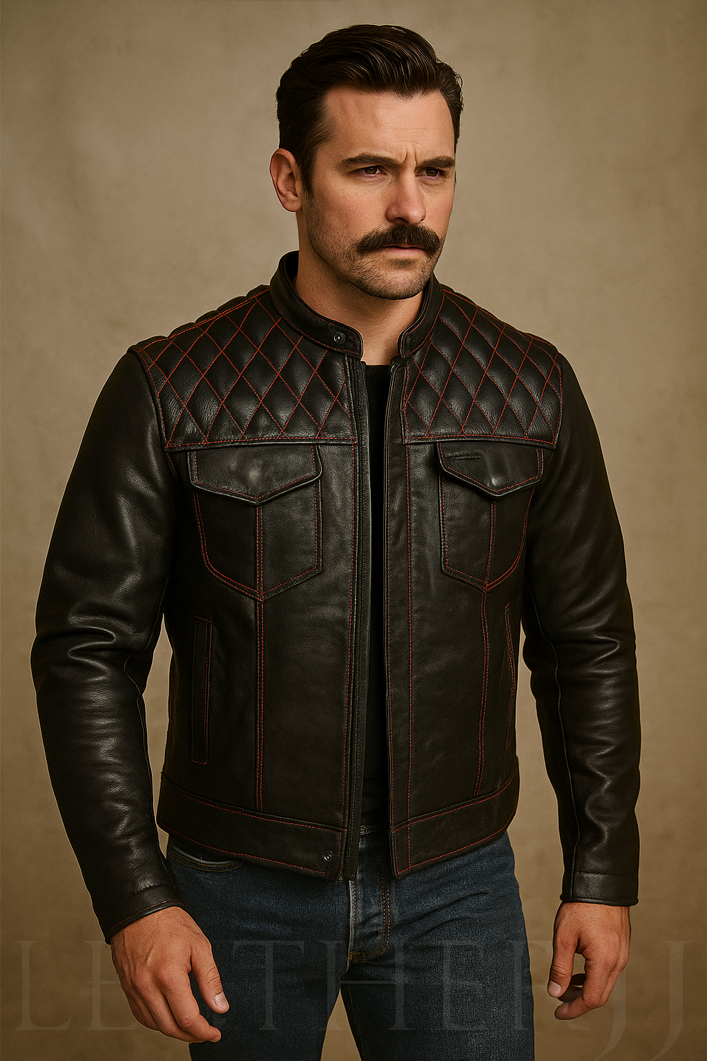 Men’s Black Quilted Leather Jacket with Red Stitching – Premium Real Leather Biker Style