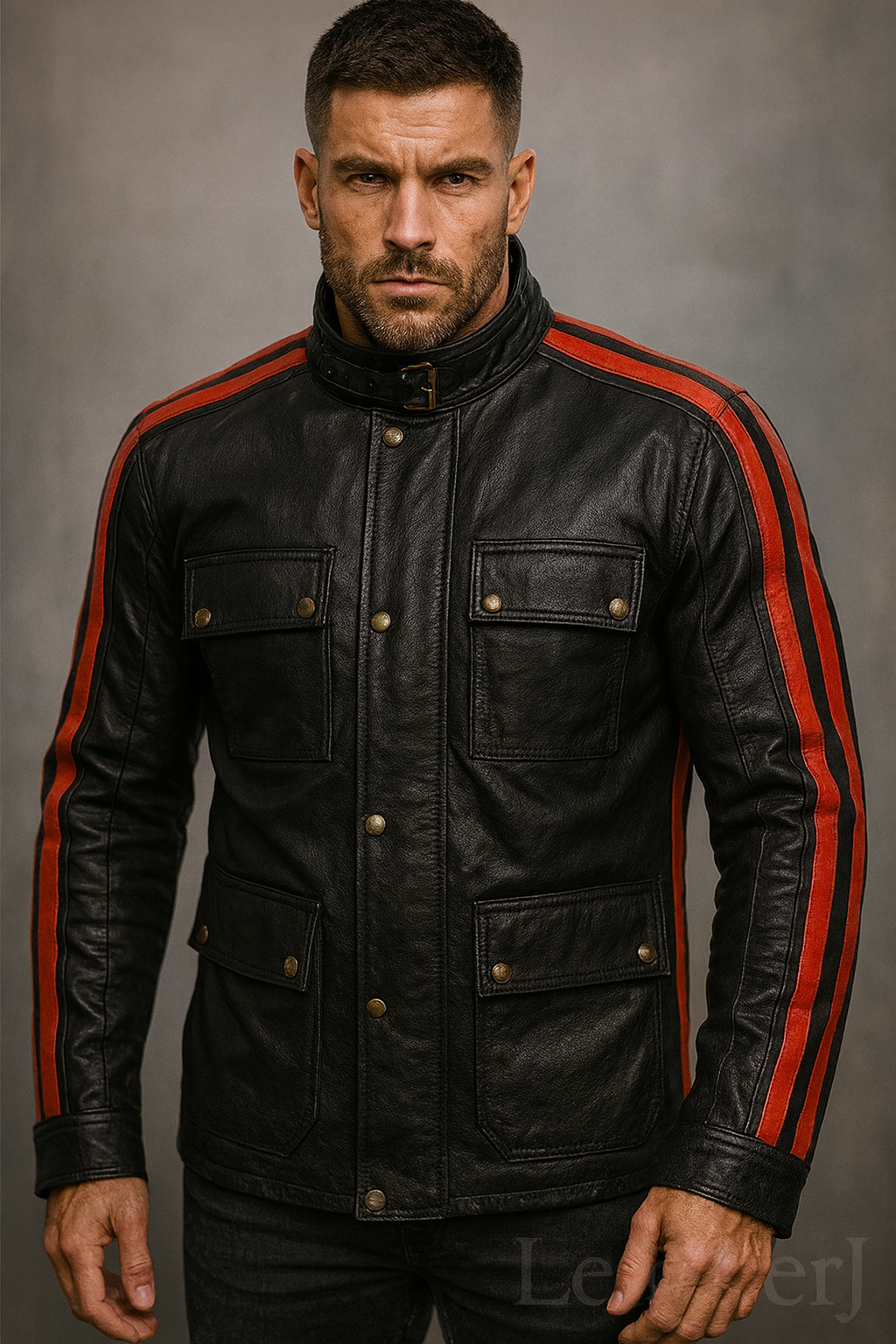 Men’s Black Real Leather Biker Jacket with Red Racing Stripes – Slim Fit Motorcycle Style