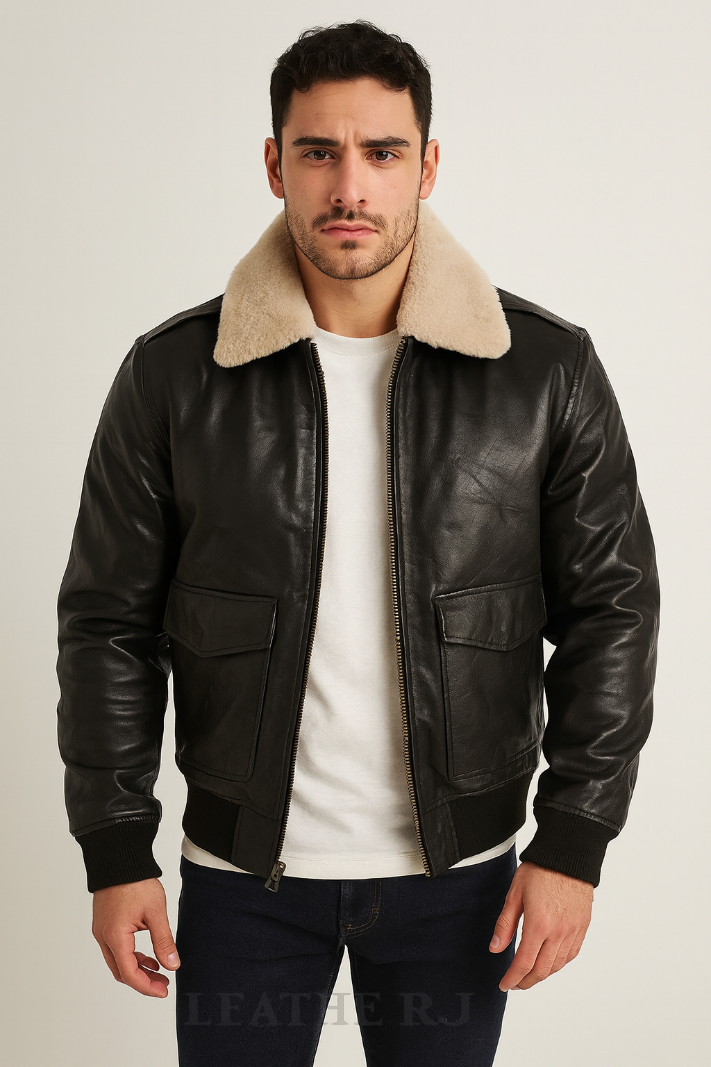 Men’s Black Real Leather Bomber Jacket with Shearling Collar – Premium Flight Style Outerwear