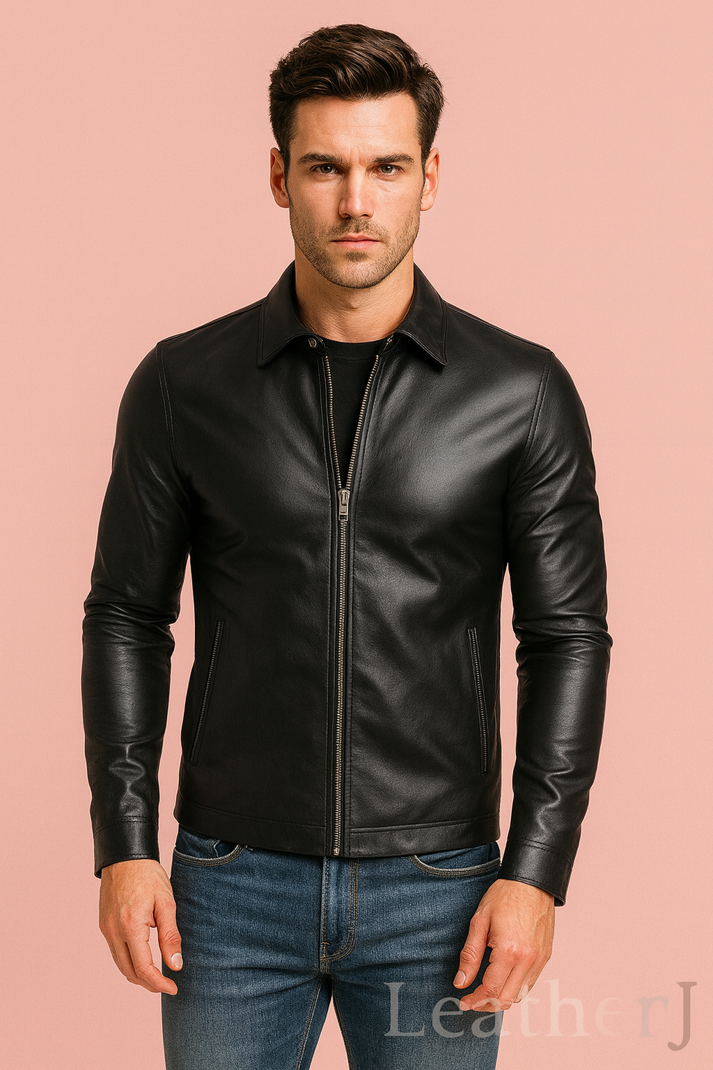 Men’s Black Real Leather Slim Fit Jacket – Classic Shirt Collar Moto Style