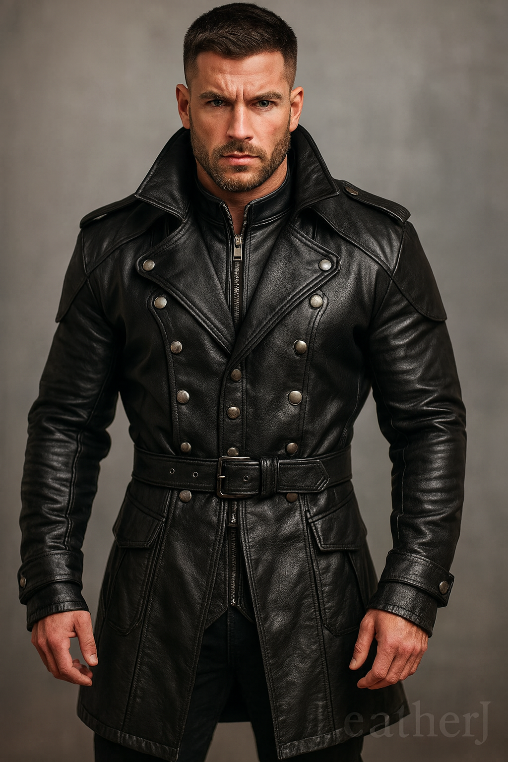 Men’s Black Real Leather Trench Coat – Military Style Long Jacket with Belt & Double-Breasted Buttons