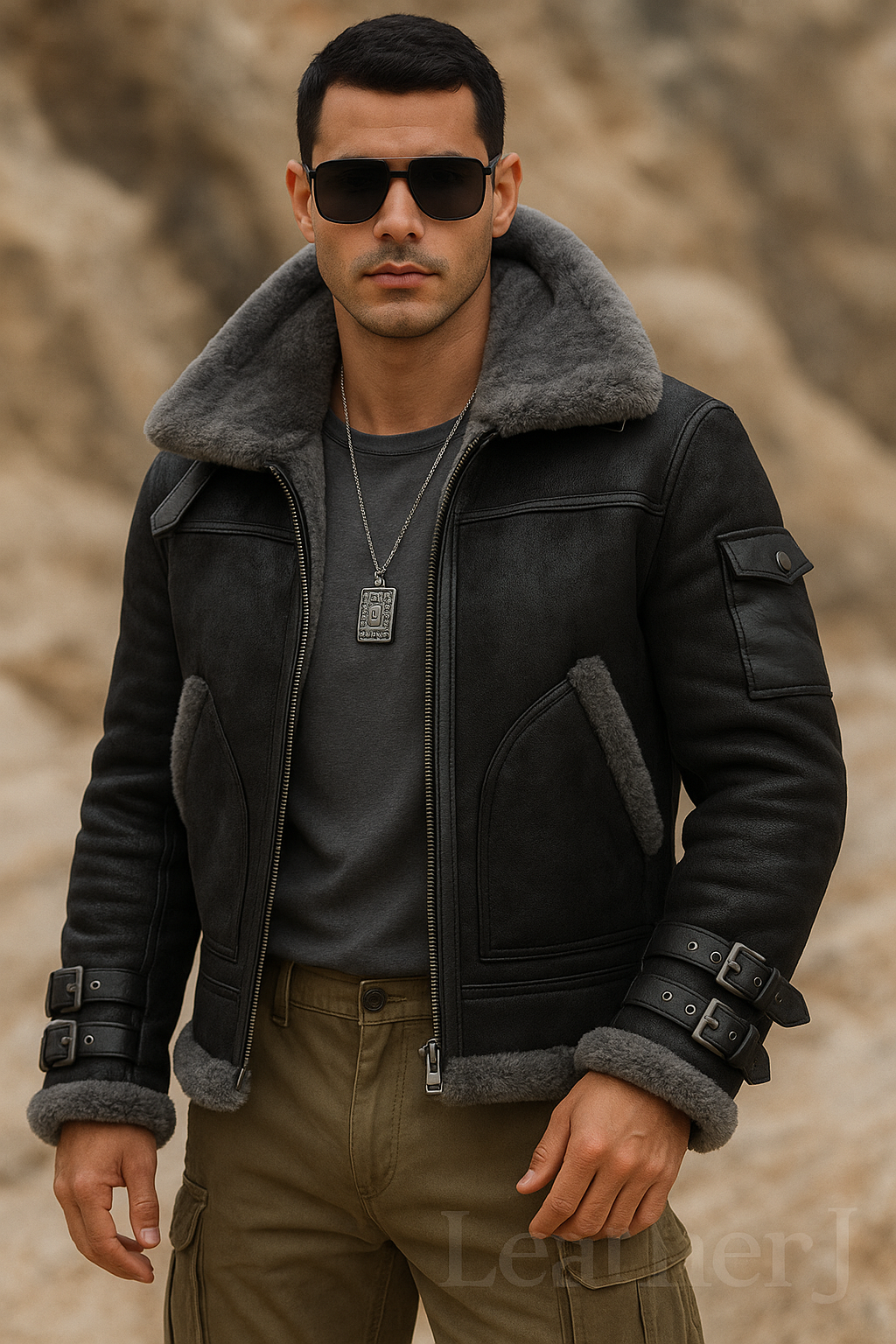 Men’s Black Shearling Leather Jacket – Luxury Real Sheepskin Aviator Bomber Coat