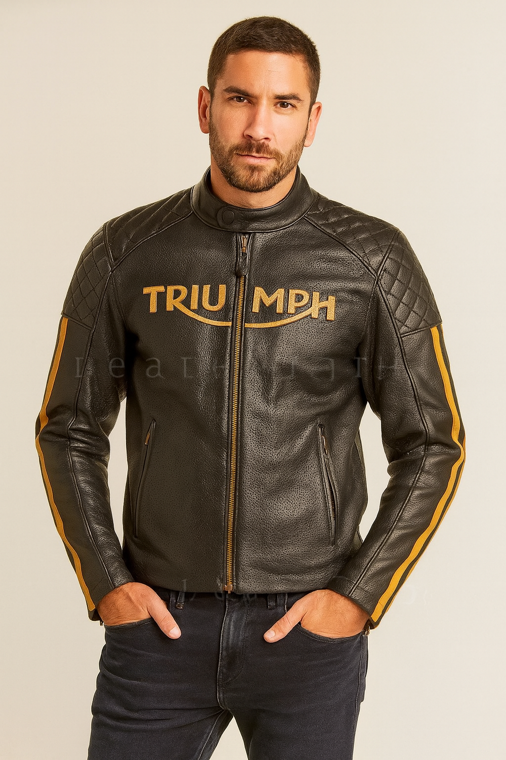 Men’s Black Triumph Leather Motorcycle Jacket – Gold Stripes & Logo Racer Style