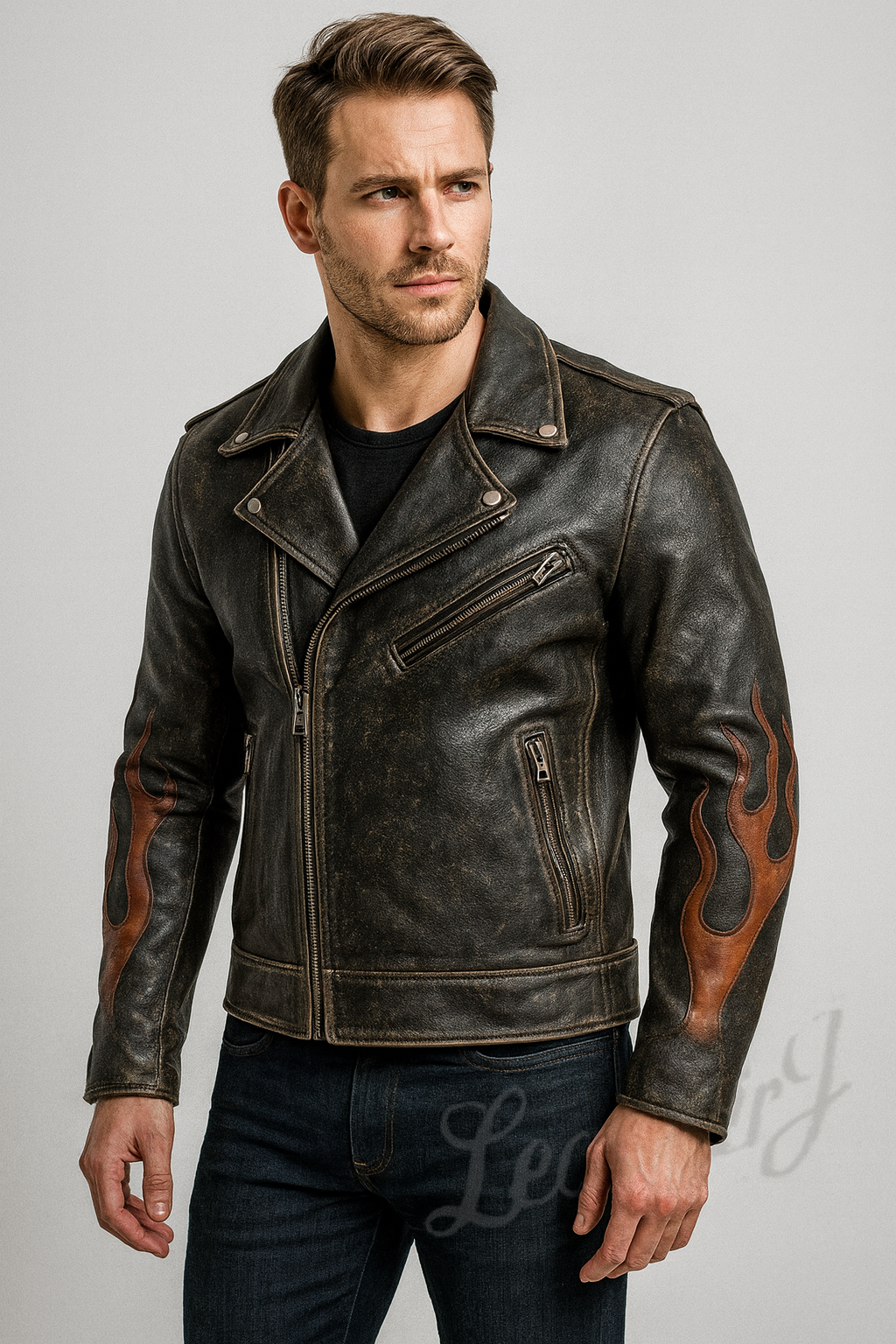 Men’s Black Vintage Leather Biker Jacket with Flame Sleeves – Distressed Real Leather Motorcycle Style