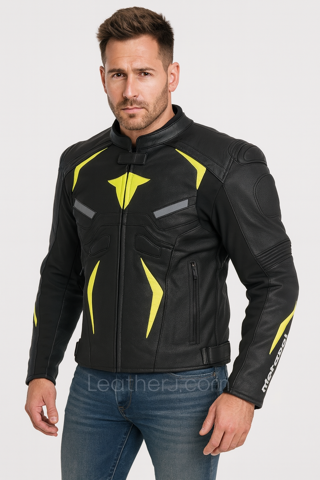 Men’s Black & Yellow Motorcycle Racing Leather Jacket – Premium Biker Gear