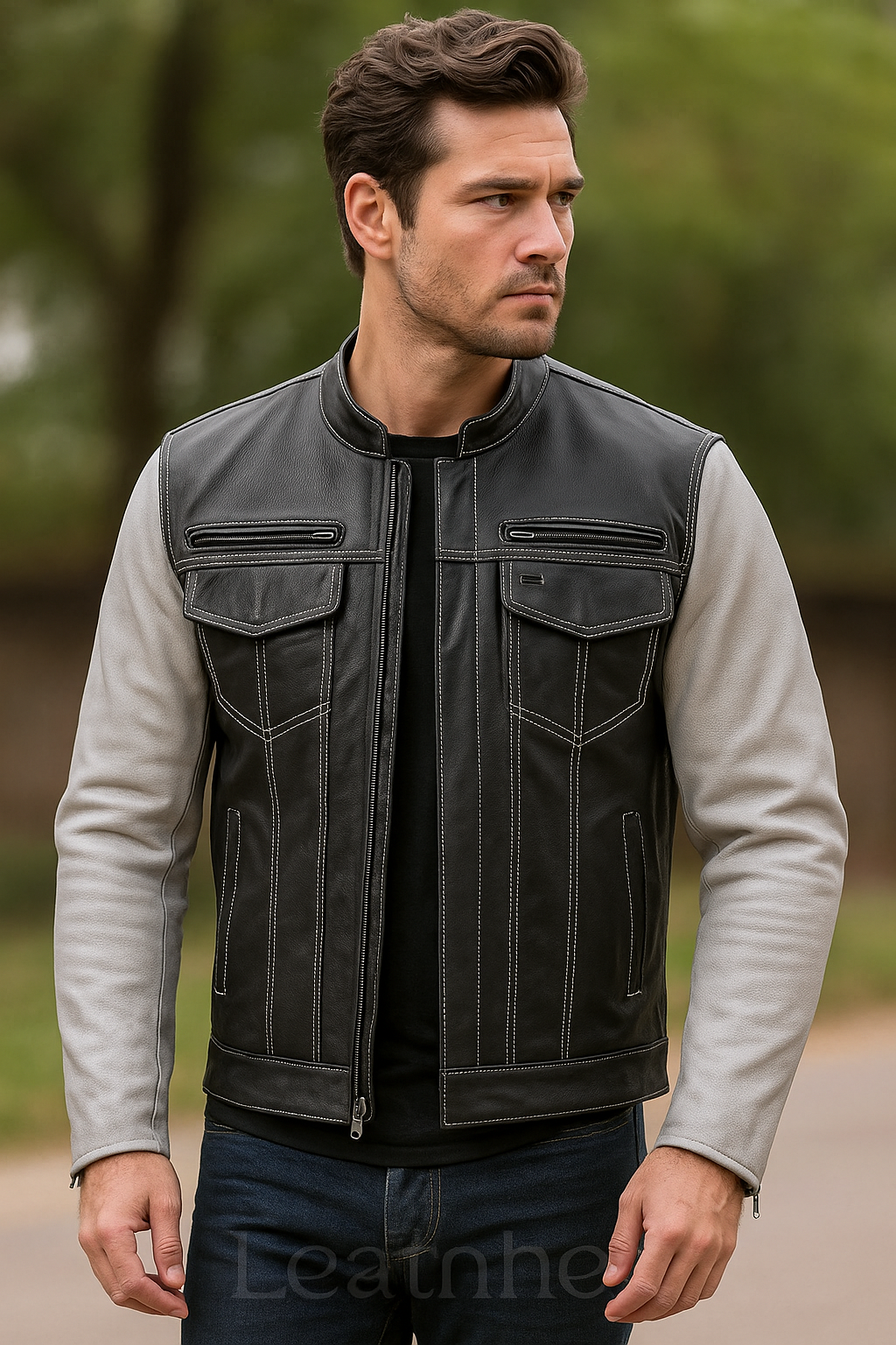 Men’s Black and Gray Two-Tone Leather Jacket – Genuine Leather Biker Style