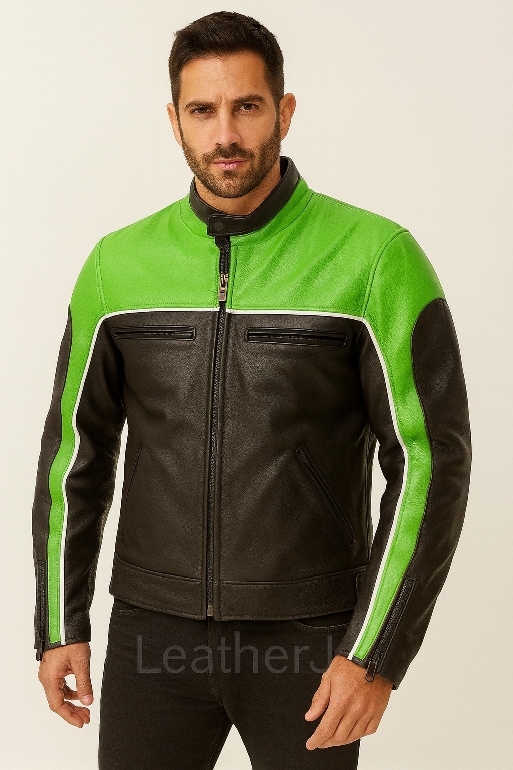 Men’s Black and Neon Green Leather Motorcycle Jacket – Sport Racer Style