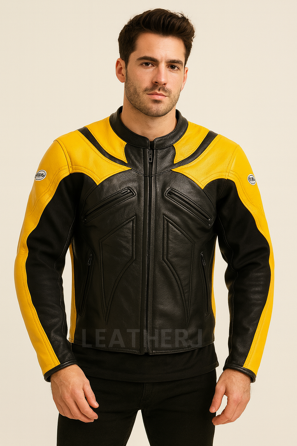 Men’s Black and Yellow Leather Motorcycle Jacket – Sport Biker Racing Style