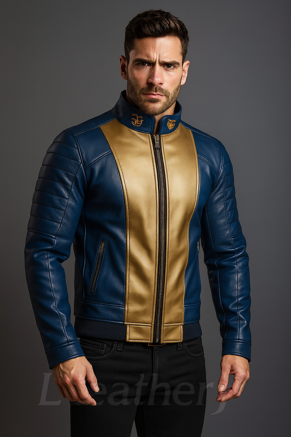Men’s Blue and Gold Real Leather Jacket – Slim Fit Biker & Casual Style