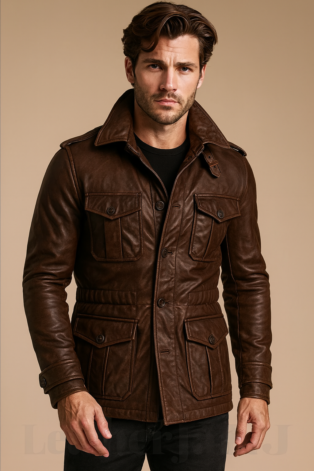 Men’s Brown Field Leather Jacket – Premium Real Leather Military Style Coat