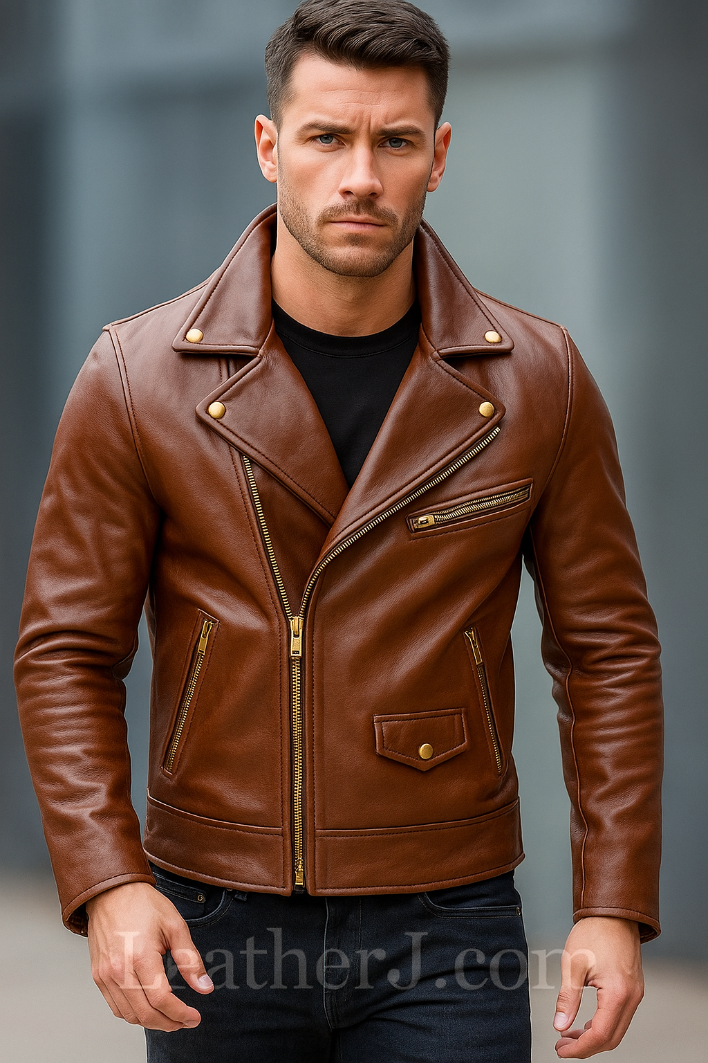 Men’s Brown Genuine Leather Biker Jacket – Classic Slim Fit Motorcycle Style