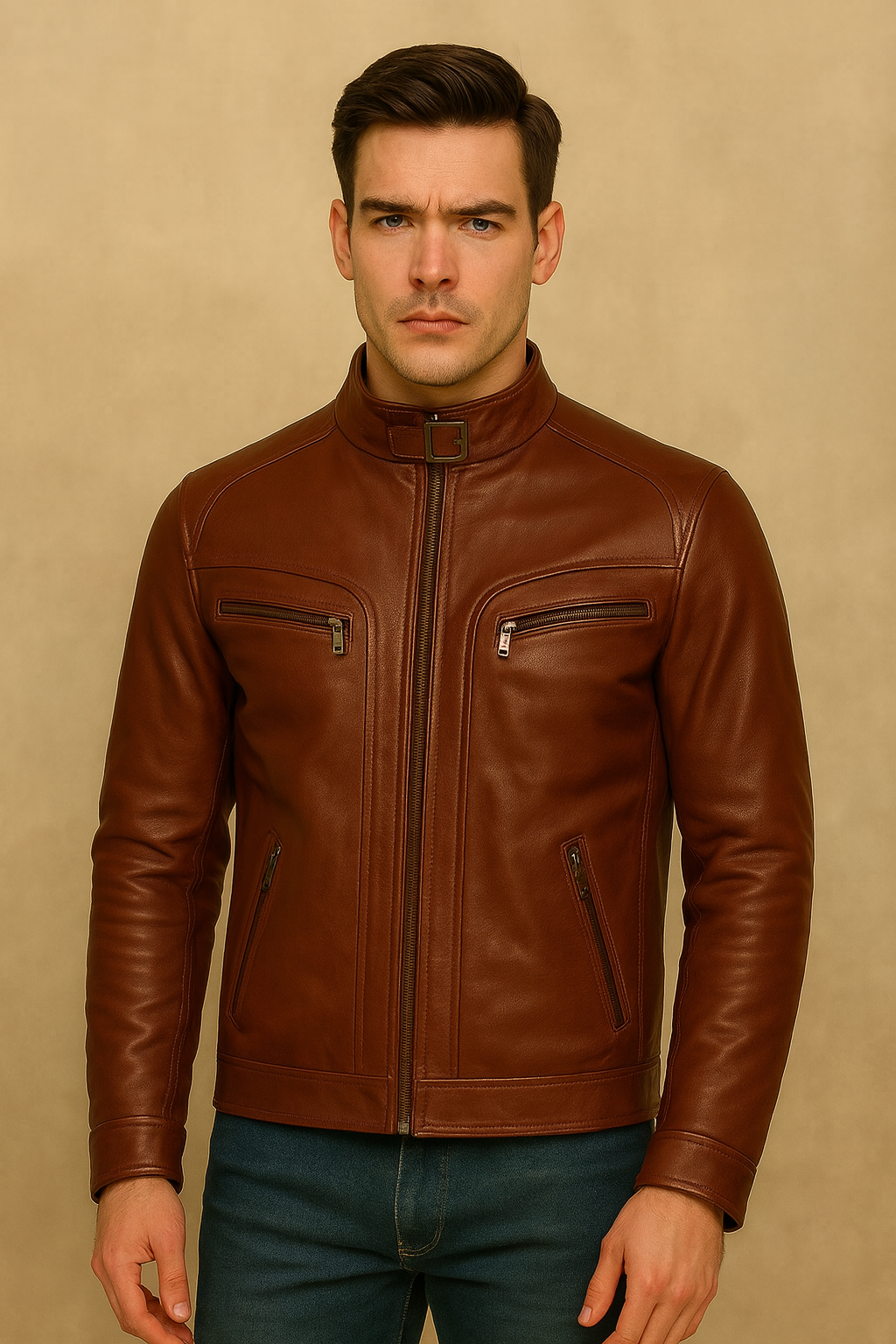 Men’s Brown Genuine Leather Jacket – Classic Café Racer Style with Zipper Pockets