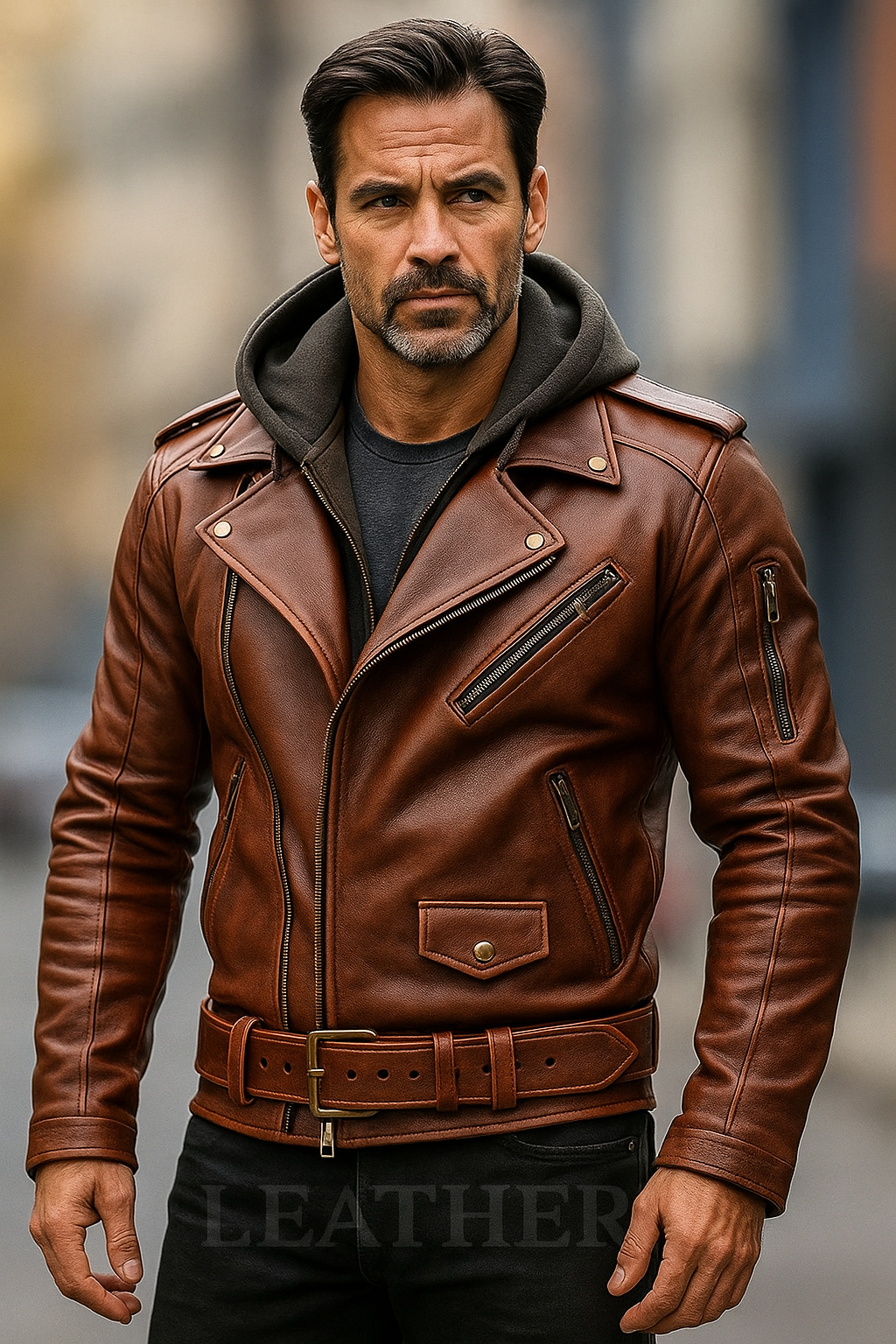 Men’s Brown Leather Biker Jacket with Belted Waist & Hoodie – Genuine Motorcycle Style
