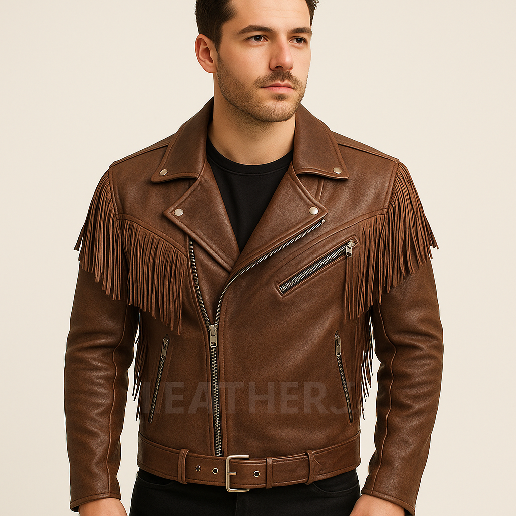 Men’s Brown Leather Fringe Biker Jacket – Western Cowboy Style with Belt & Zipper