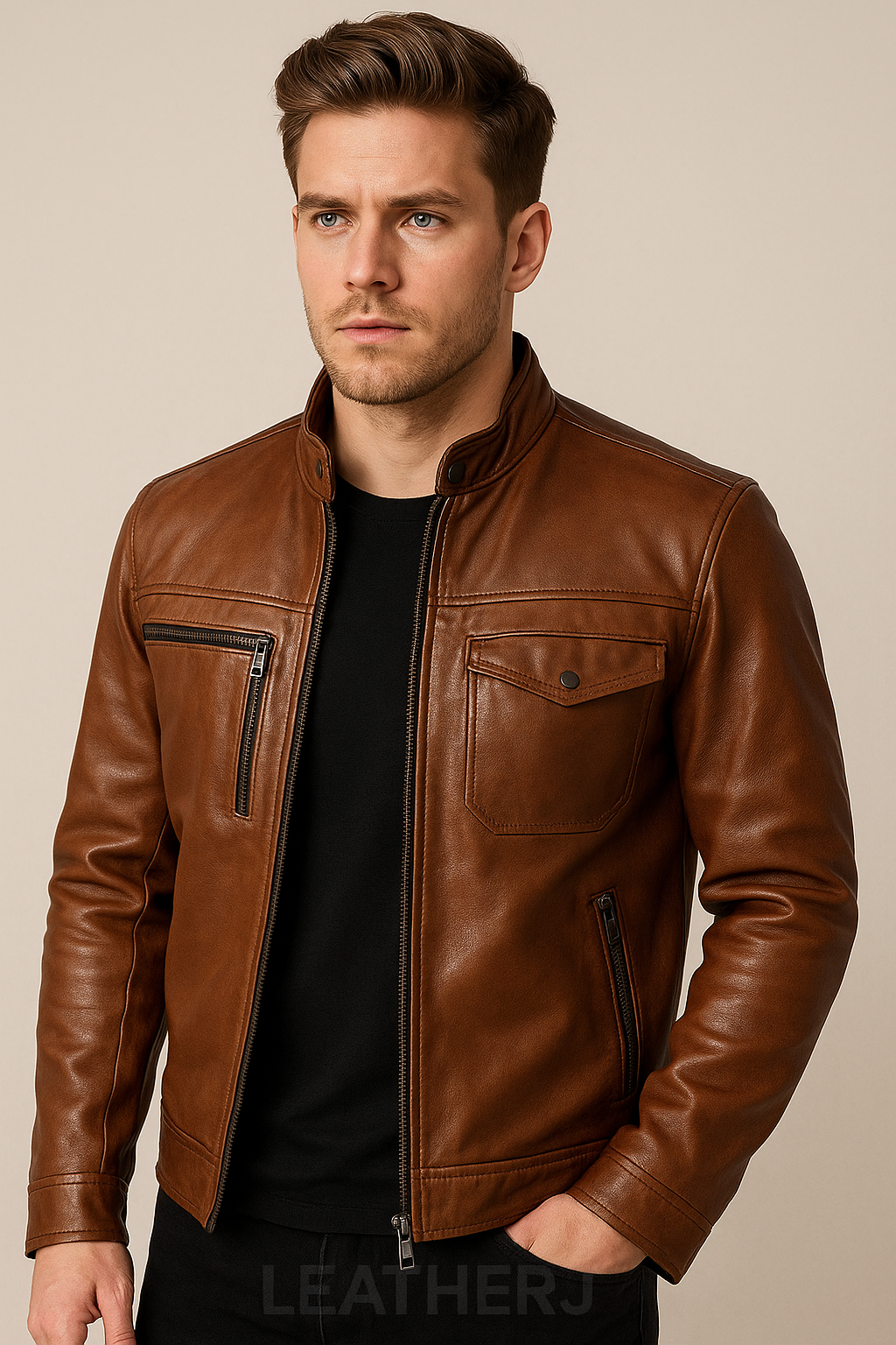 Men’s Brown Real Leather Biker Jacket – Slim Fit Café Racer Style