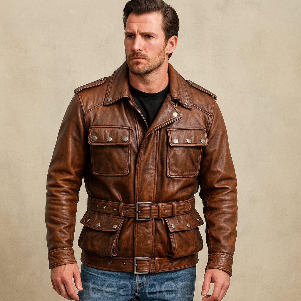 Men’s Brown Real Leather Military Jacket – Belted Waist with Pocket Detailing