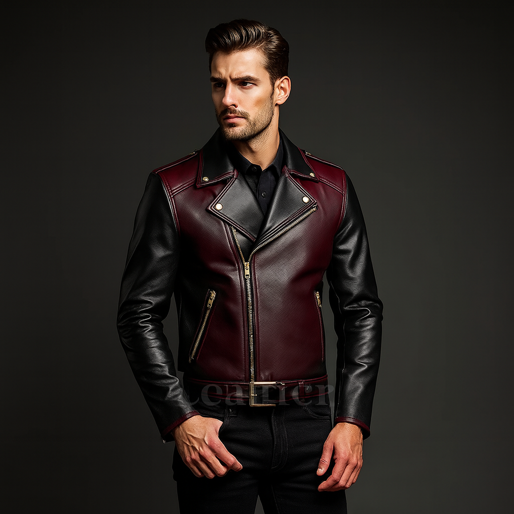 Men’s Burgundy & Black Real Leather Biker Jacket – Asymmetrical Moto Style with Gold Hardware