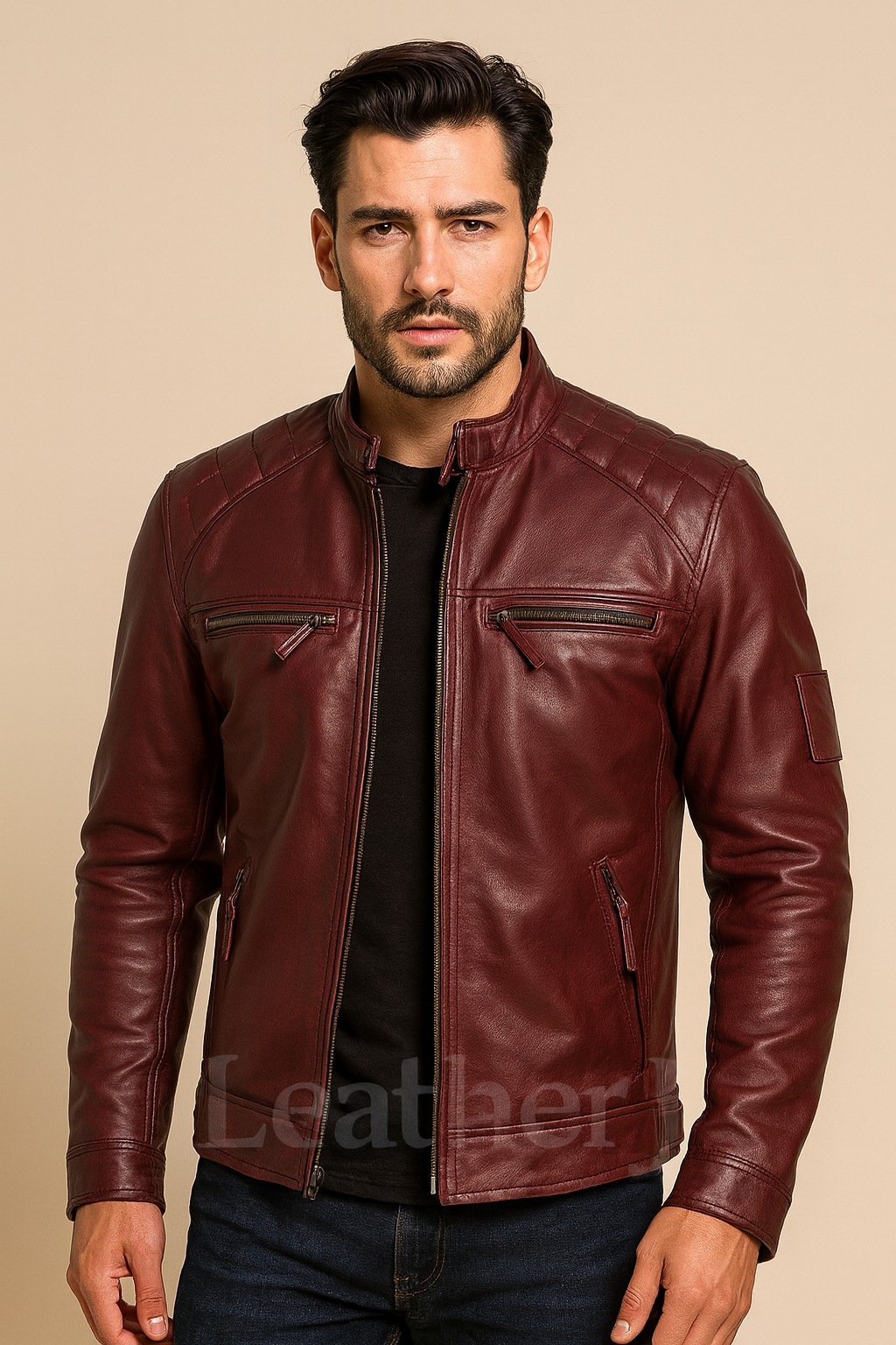 Men’s Burgundy Real Leather Biker Jacket – Classic Slim Fit Motorcycle Style