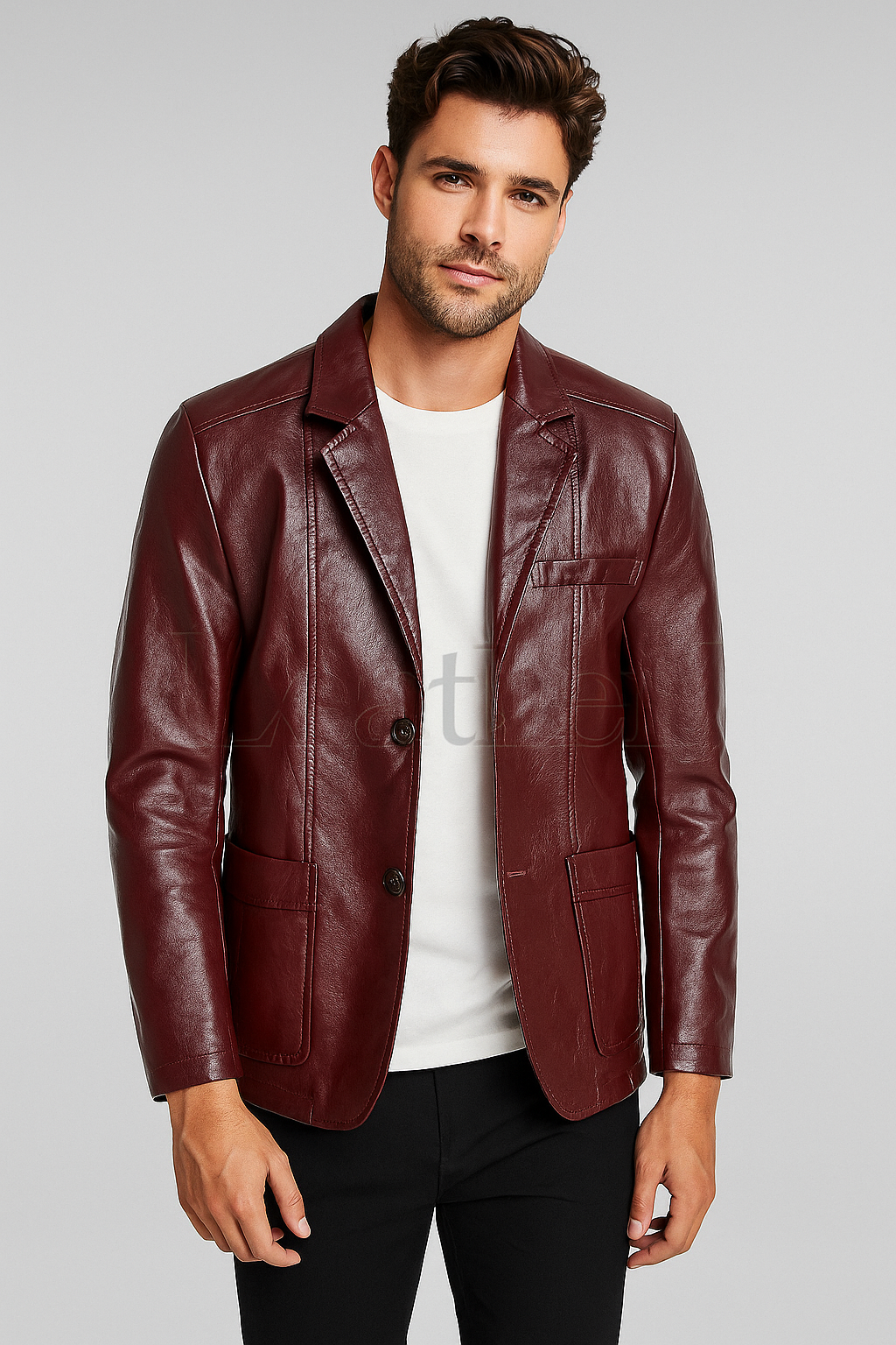 Men’s Burgundy Real Leather Blazer Jacket – Slim Fit Casual & Formal Style