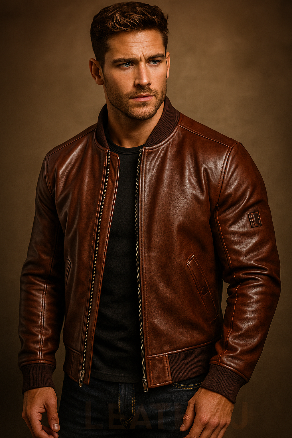 Men’s Classic Brown Leather Bomber Jacket – Premium Real Leather