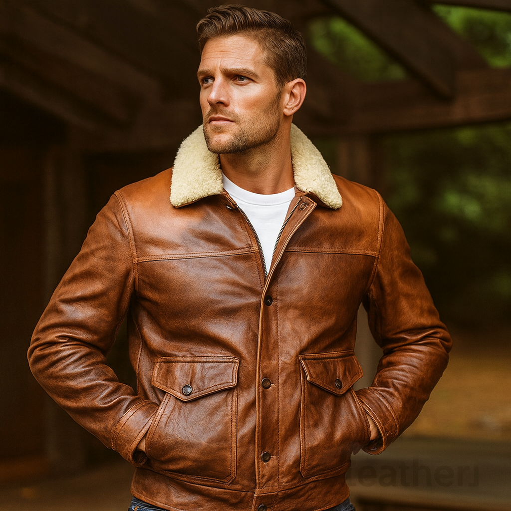 Men’s Classic Shearling Collar Brown Leather Bomber Jacket – Vintage Style Outerwear