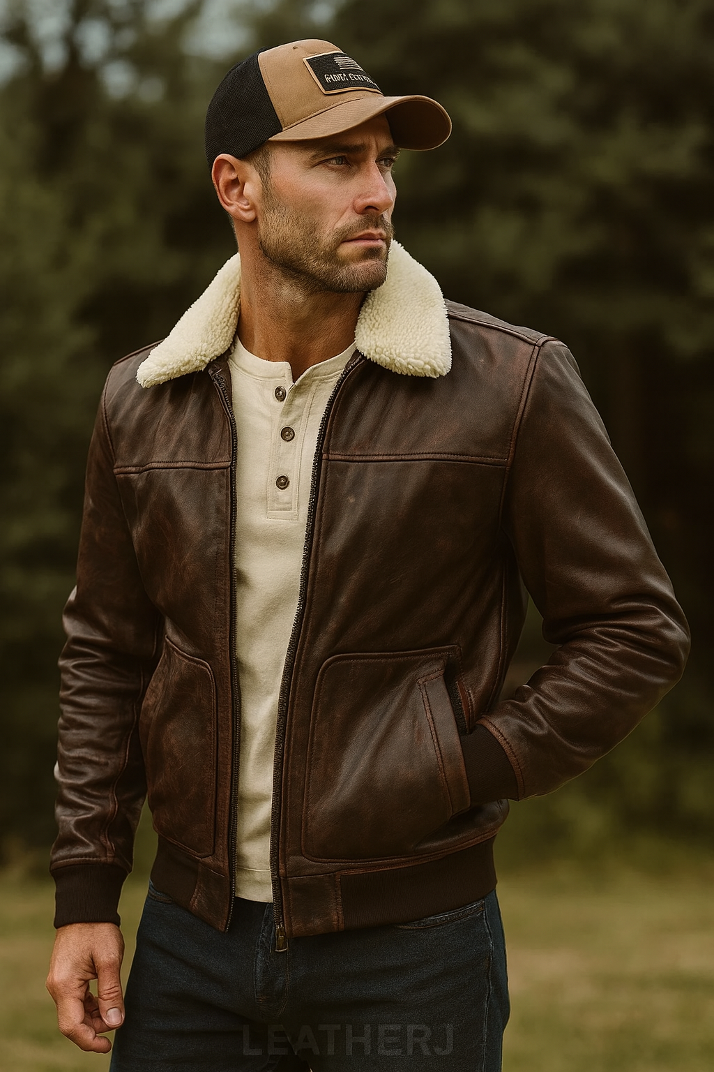 Men’s Dark Brown Leather Bomber Jacket with Shearling Collar – Classic Vintage Style