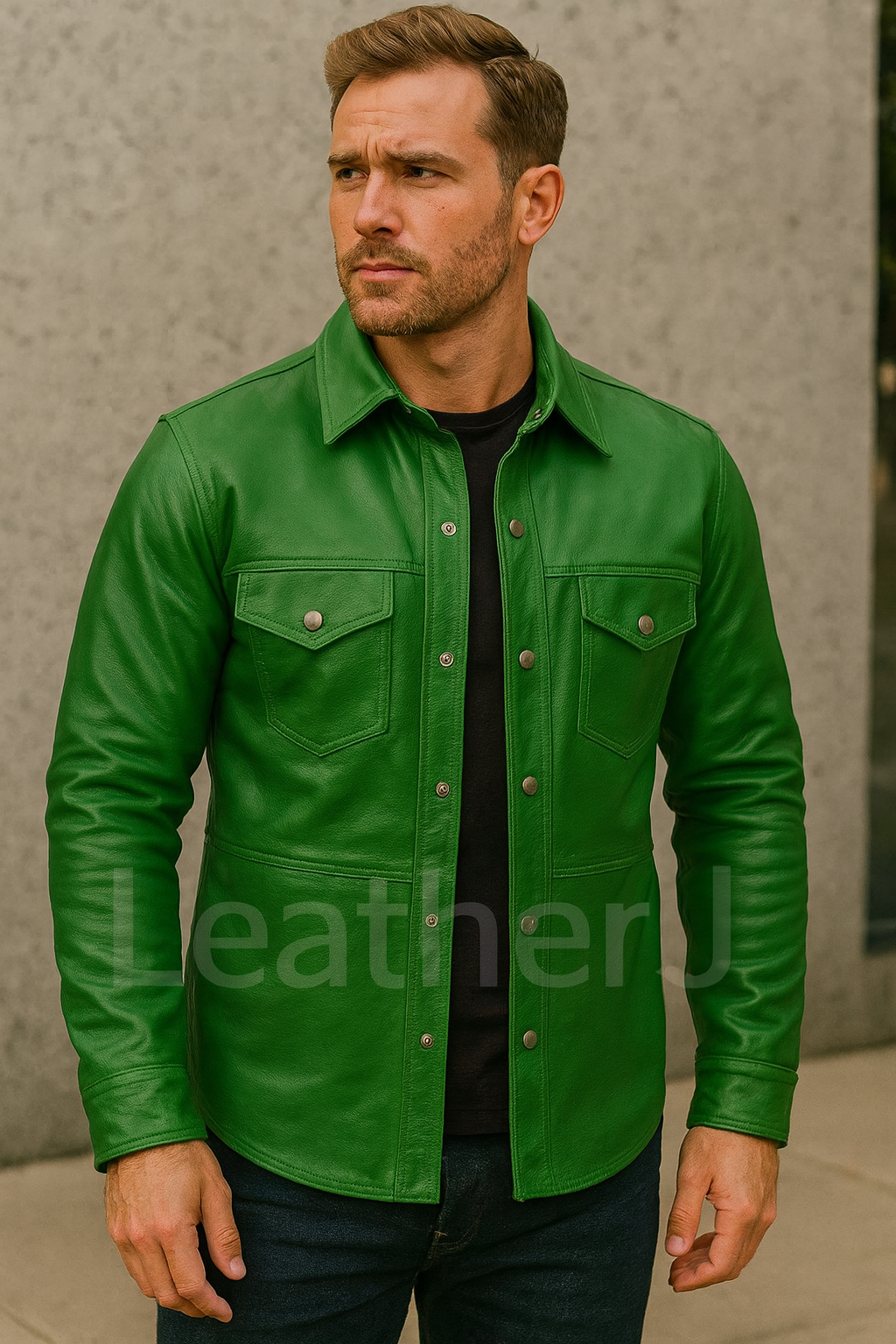Men’s Green Leather Shirt Jacket – Snap Button Western Style