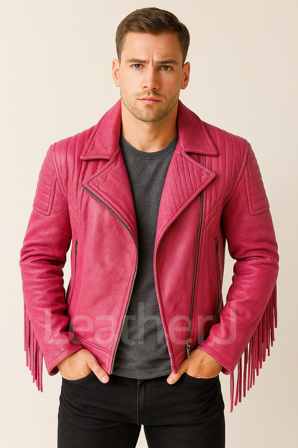 Men’s Hot Pink Leather Fringe Jacket – Quilted Biker Style