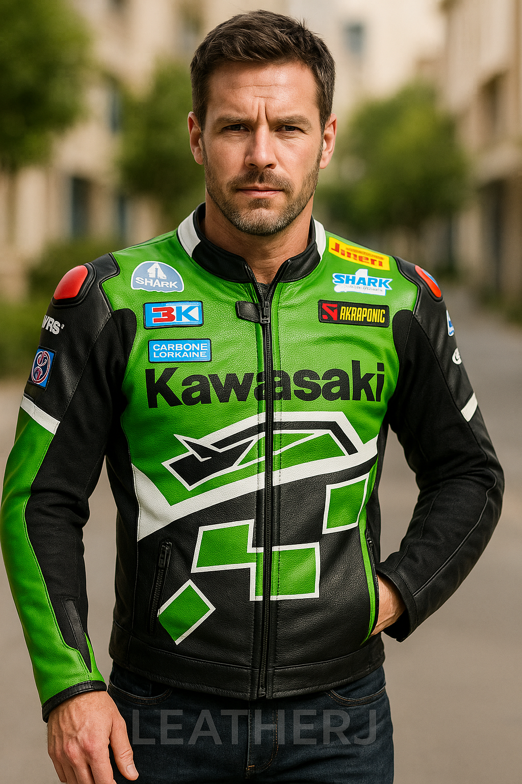 Men’s Kawasaki Racing Leather Jacket – Green Black White Motorcycle Riding Gear