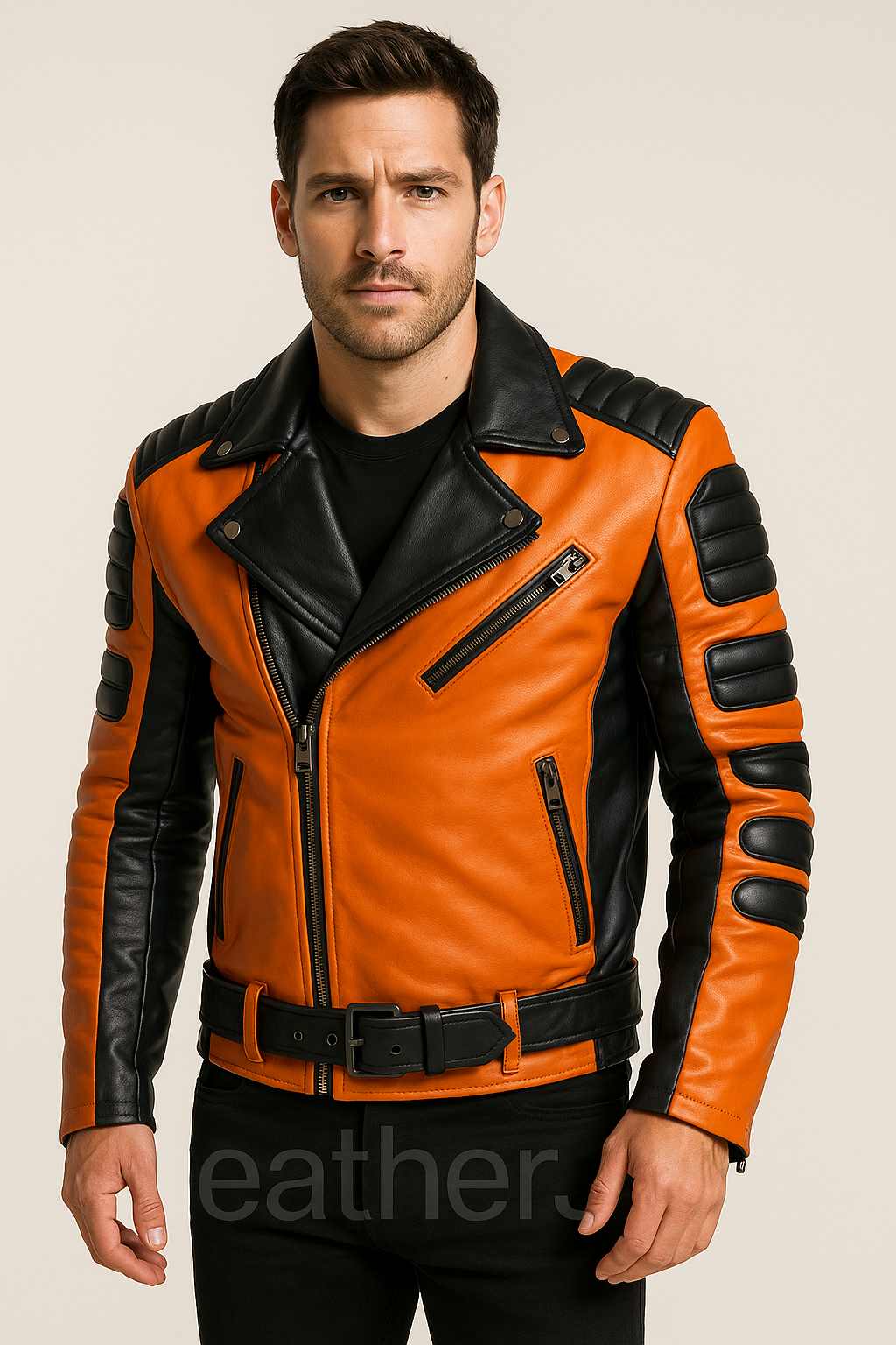 Men’s Orange & Black Real Leather Biker Jacket – Padded Motorcycle Style with Belt