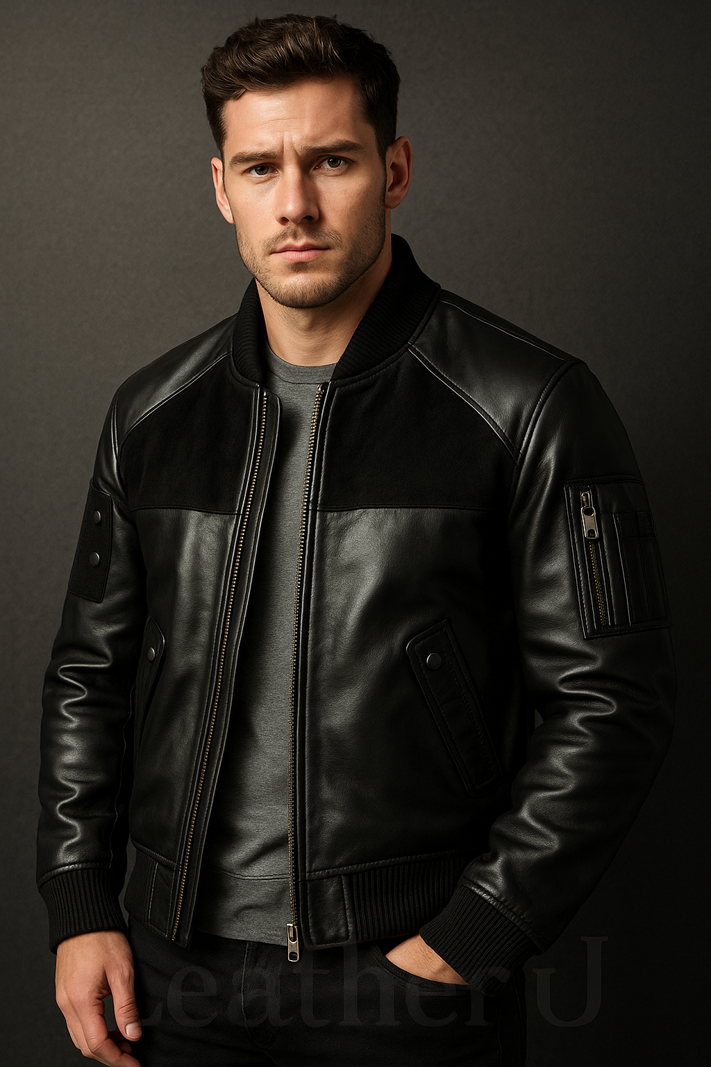 Men’s Premium Black Leather Bomber Jacket with Suede Panels – Classic Modern Fit