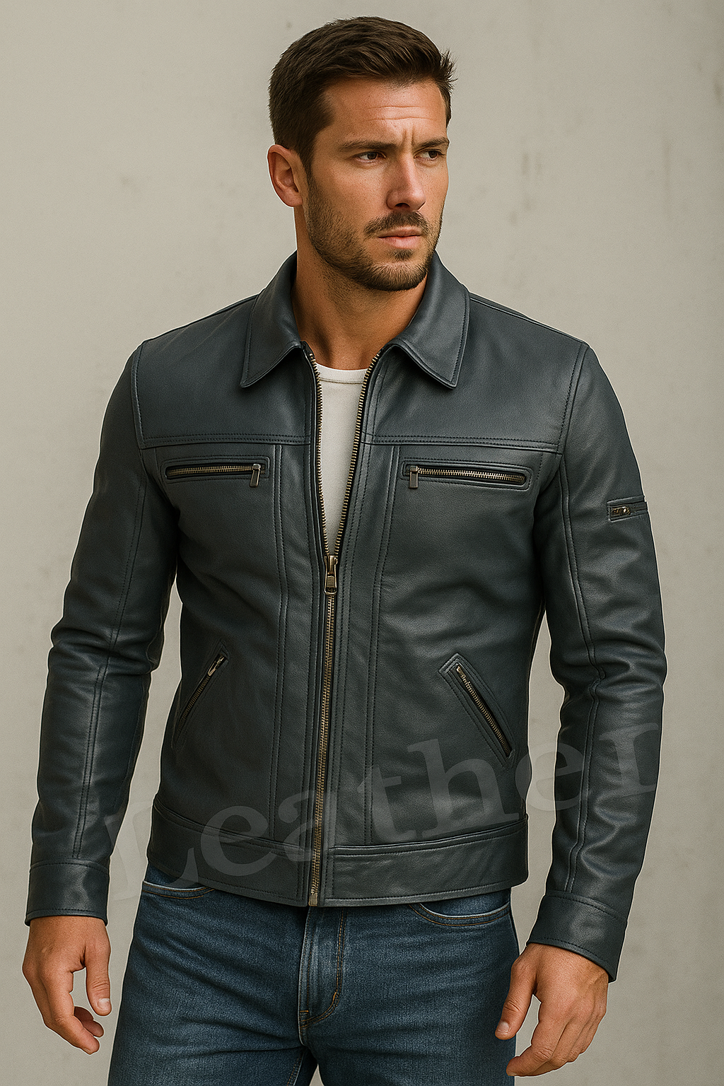 Men’s Premium Real Leather Jacket – Dark Gray Slim Fit Biker Style