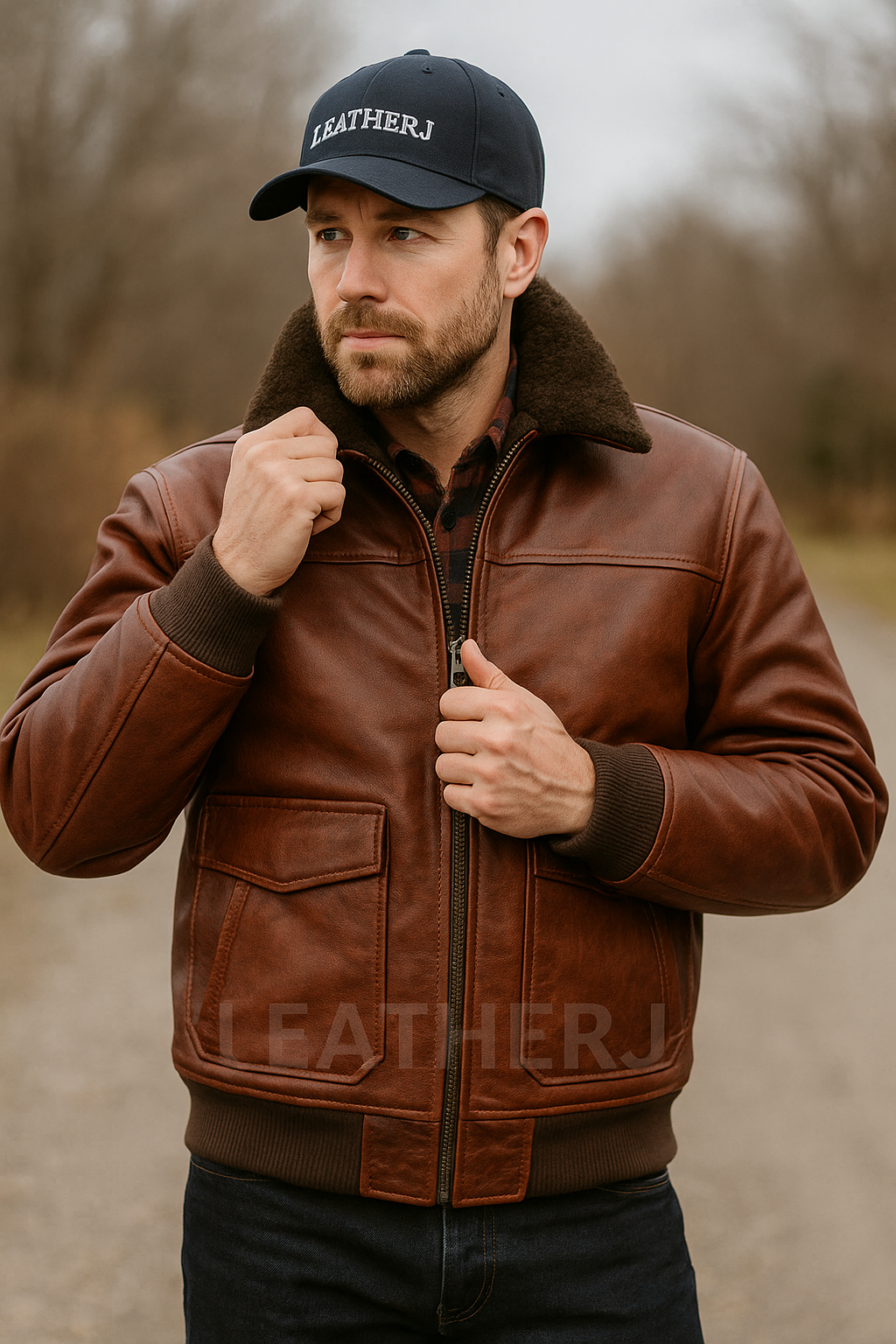 Men’s Shearling Collar Brown Leather Bomber Jacket – Classic Aviator Style