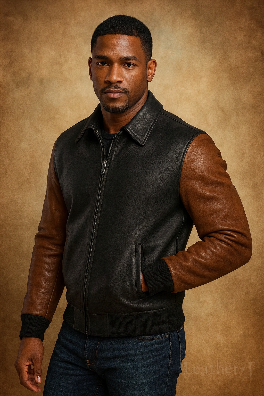 Men’s Two-Tone Leather Bomber Jacket – Black Body with Brown Sleeves | Premium Real Leather