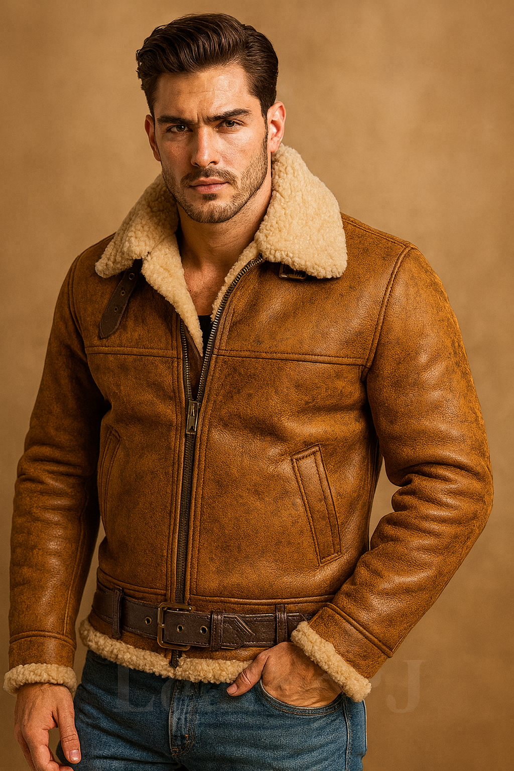 Men’s Vintage Brown Shearling Leather Aviator Jacket – Real Sheepskin Bomber Coat