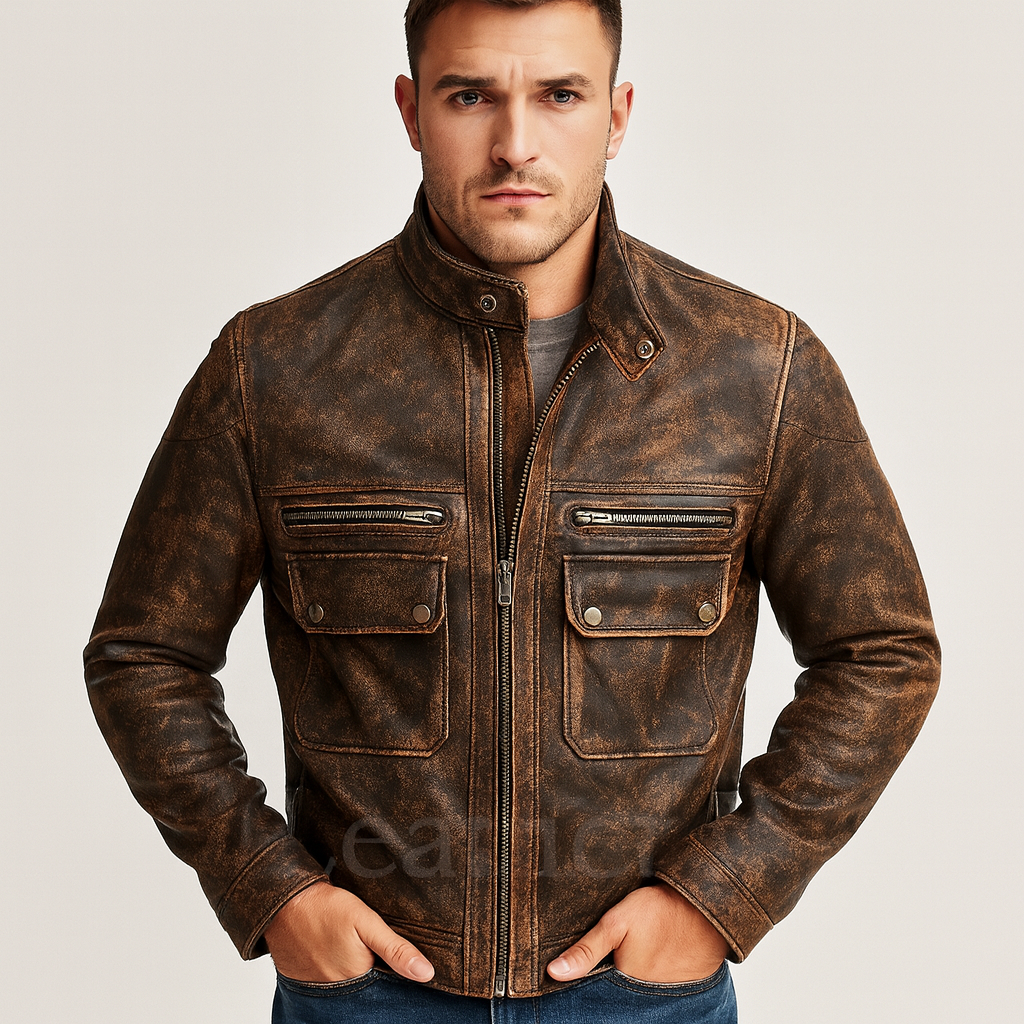 Men’s Vintage Distressed Brown Leather Jacket – Classic Motorcycle Style